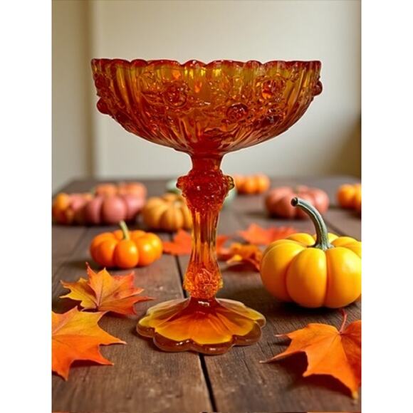 Fenton Tangerine Amberina Rose Compote Pedestal Candy Dish-Vintage MCM-UV Glow - Picture 10 of 10